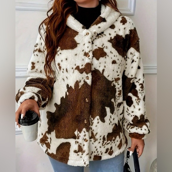 ❤️ Cow Print Plush Hooded Outerwear - Brown/White - Picture 4 of 8